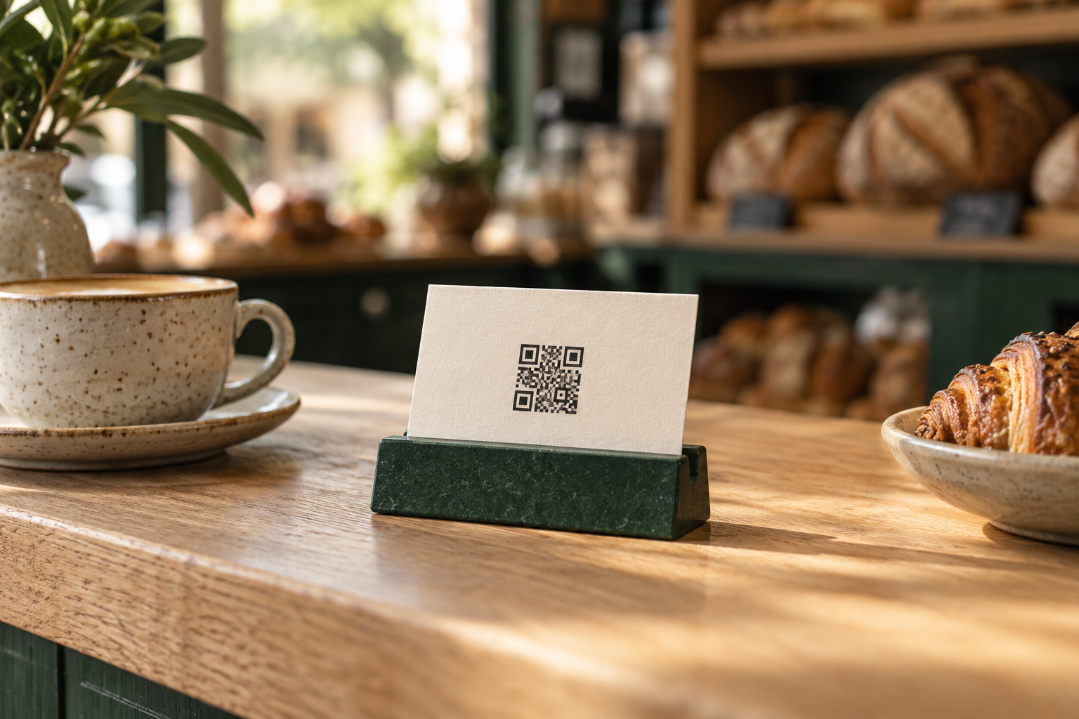 A contact card in a green stand on a bakery counter