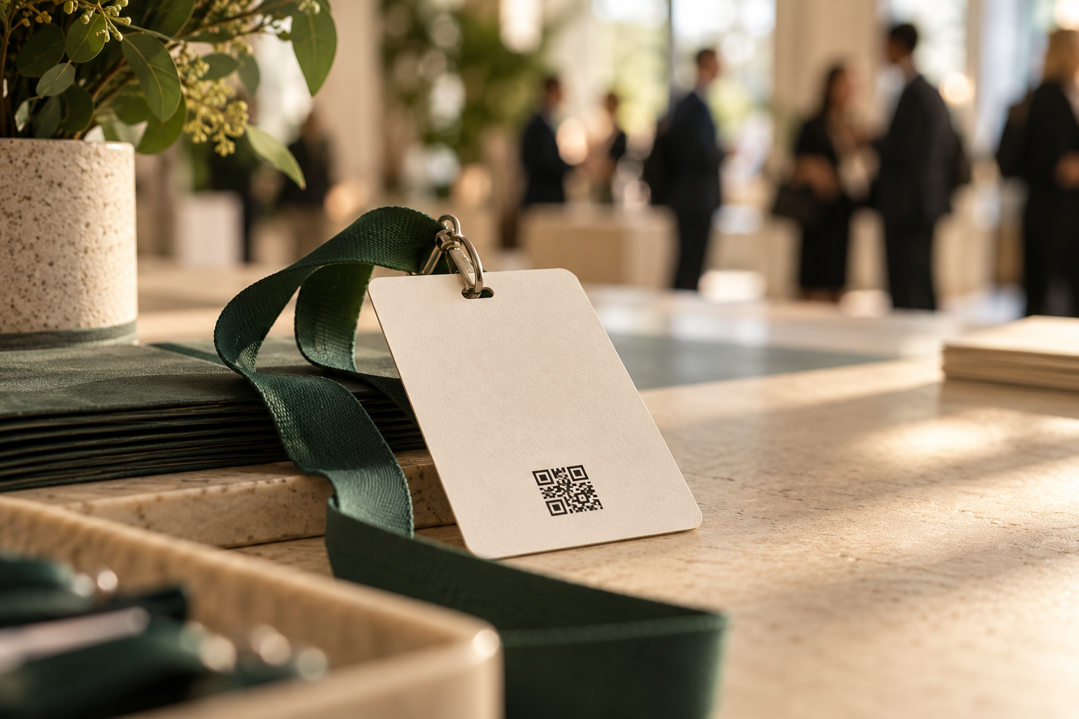 A paper contact badge on a green lanyard at an event registration desk