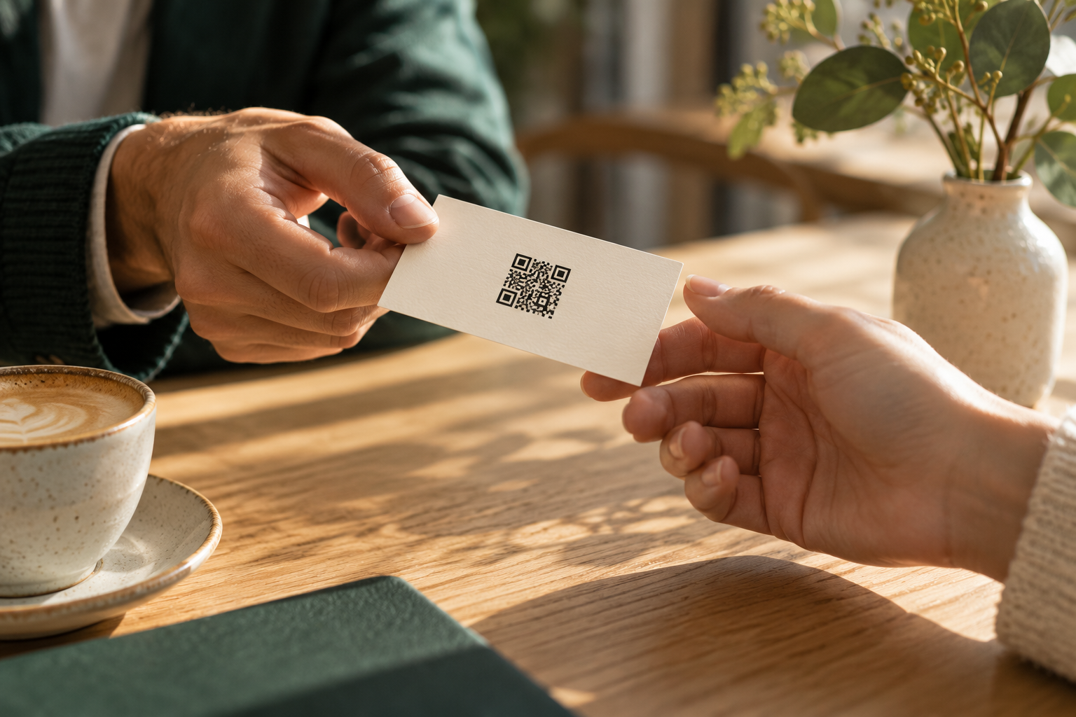 Two people passing a contact card across a café table